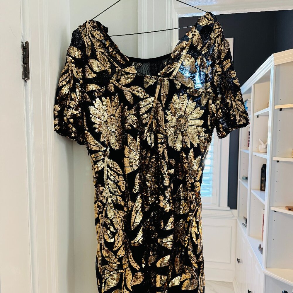 Maeve Anthropologie Short Sleeve Sheer Embellished Mini Dress Black Gold Size SP